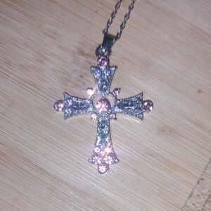 Elegant Silver and Pink Cross Pendant Necklace